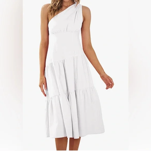 kirkundo | Dresses | Kirundo One Shoulder White Tiered Ruffle Flowy Midi  Dress | Poshmark